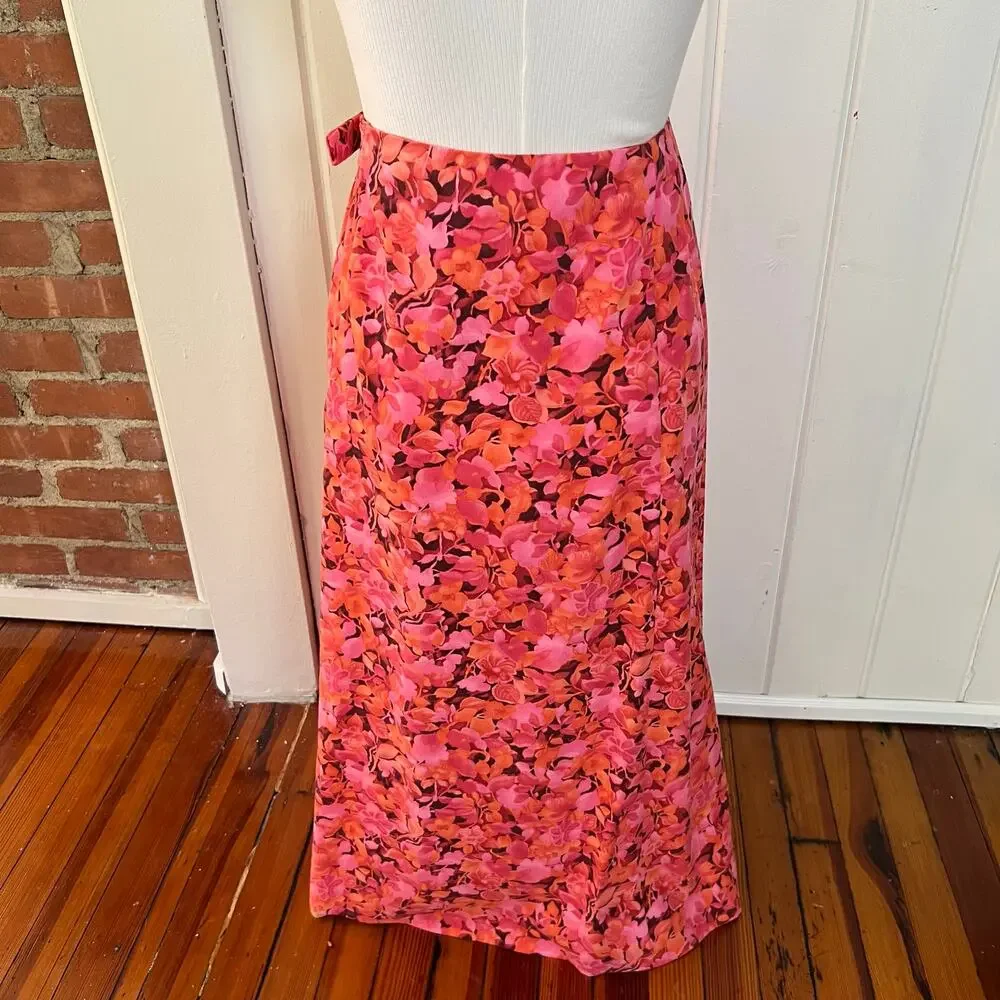 Vintage 90s Talbots Pink Floral Midi Skirt 12P Made In USA